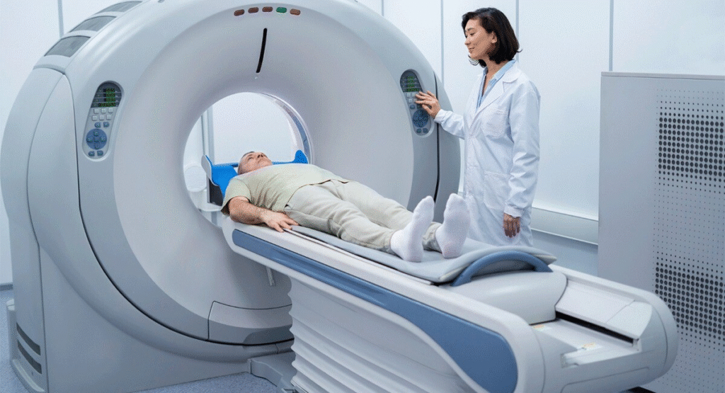 Patient undergoing an abdominal CT scan, lying on a scanning table as the machine captures images of internal organs for diagnosis.