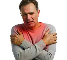 Man with sore throat and chills clutching his neck and arms.