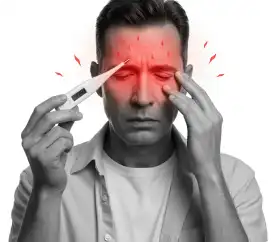 Man holding his head with forehead pain highlighted in red.