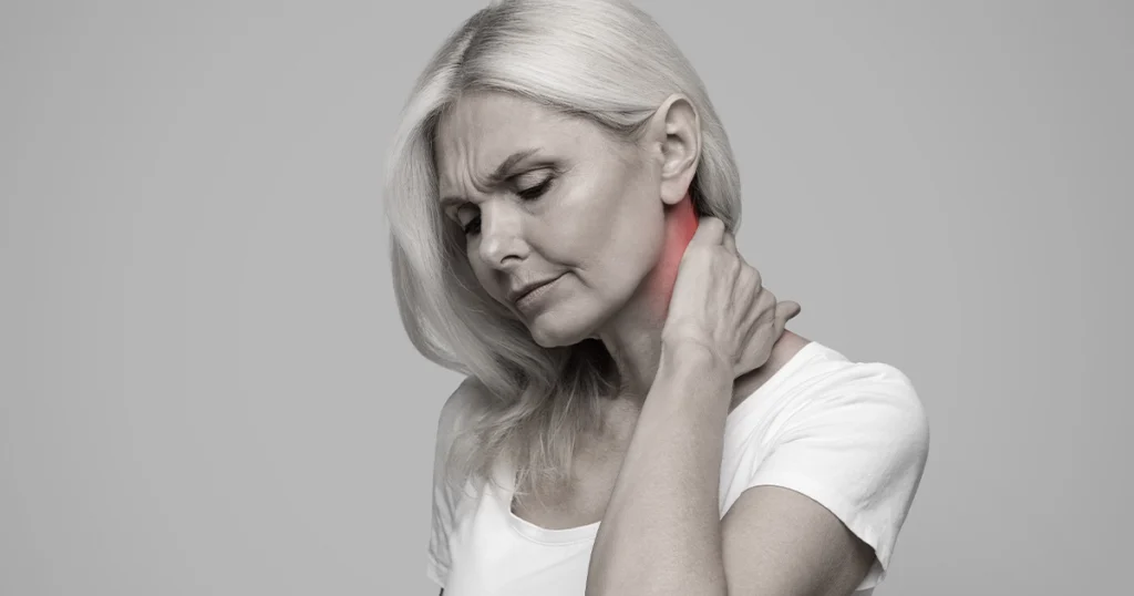 Woman with neck pain, highlighted area indicating cervicogenic headache