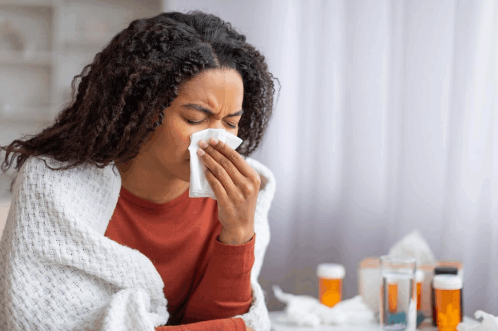 A sick woman wrapped in a blanket uses a tissue while medicine bottles sit nearby, representing symptoms of Flu A vs Flu B