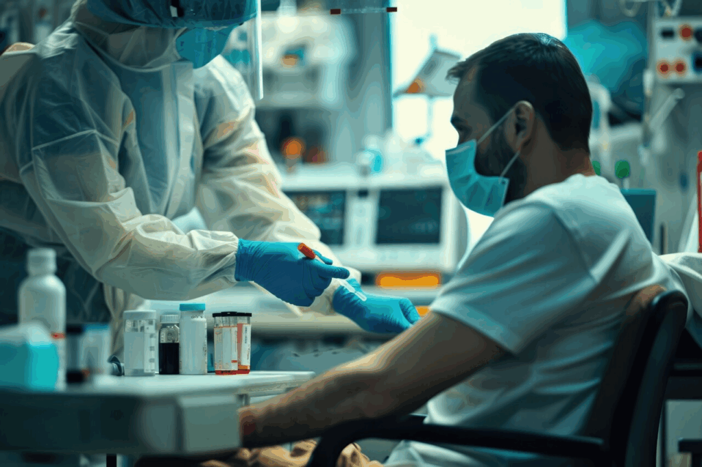 A masked healthcare worker in a hospital gown administers a vaccination to a seated patient, highlighting protection against COVID-19 variants.