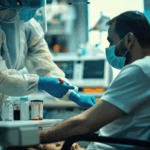 A masked healthcare worker in a hospital gown administers a vaccination to a seated patient, highlighting protection against COVID-19 variants.