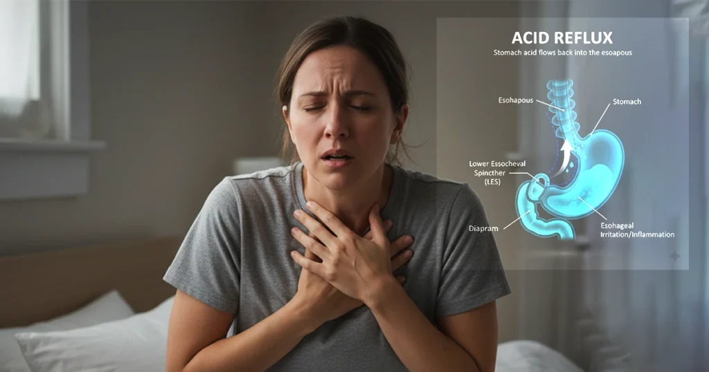 Woman experiencing acid reflux and breathing difficulty, shown with a diagram