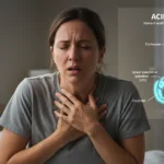 Woman experiencing acid reflux and breathing difficulty, shown with a diagram