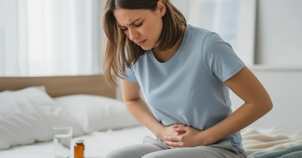 Woman experiencing acid reflux and breathing difficulty, shown with a diagram