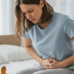 Woman experiencing acid reflux and breathing difficulty, shown with a diagram