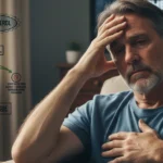 A man with a headache and chest pain due to high cholesterol