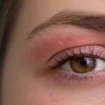 Close-up of irritated, red, and swollen skin around the eye