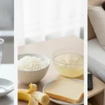 Three panels showing a glass of water, bland food, and a person sleeping.