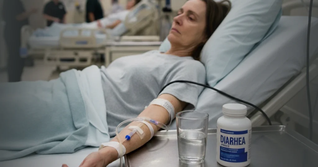 Dehydrated patient in hospital bed with diarrhea medication.