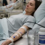 Dehydrated patient in hospital bed with diarrhea medication.