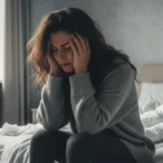 Distressed woman sits on a bed, holding her head.