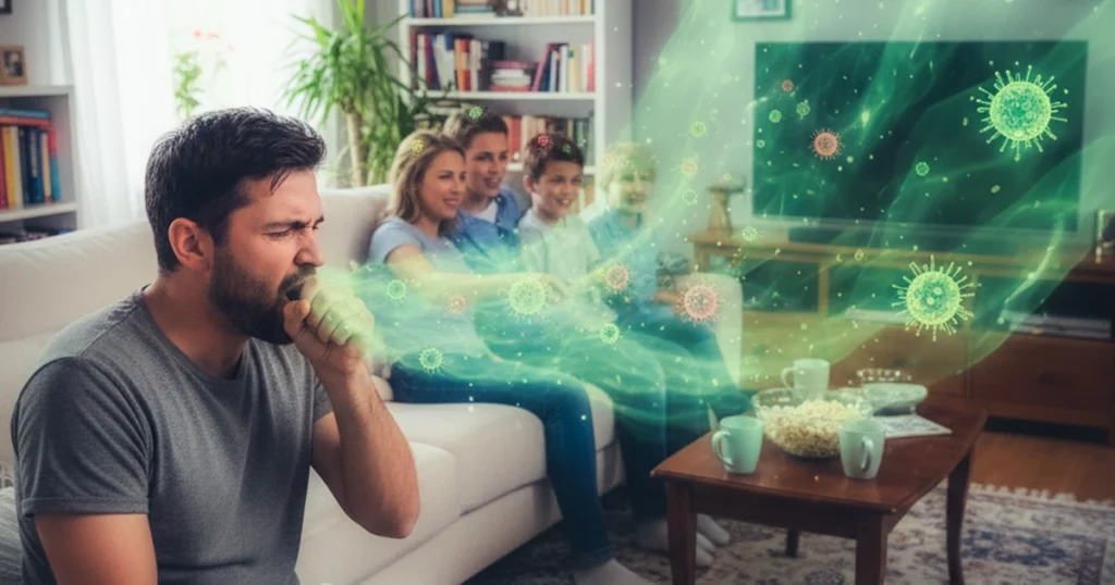 Man coughing and spreading germs showing upper respiratory infection risk.