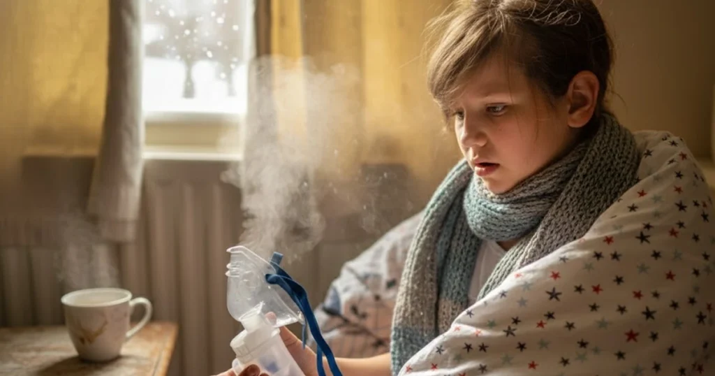 Child using nebulizer for quick wheezing relief.
