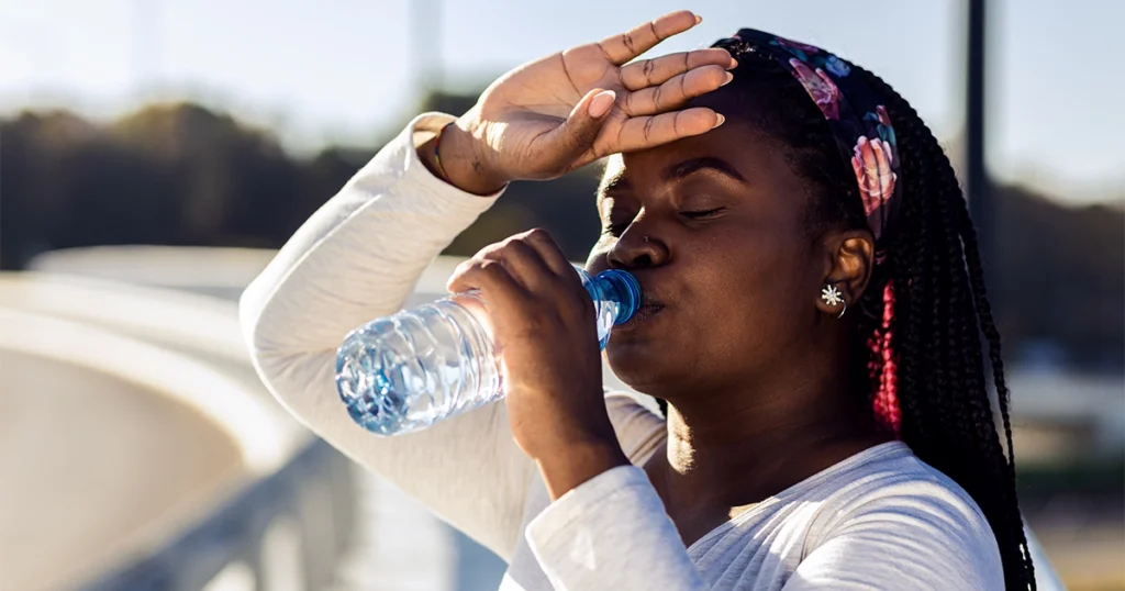 Dehydration causes headaches during outdoor heat exposure.