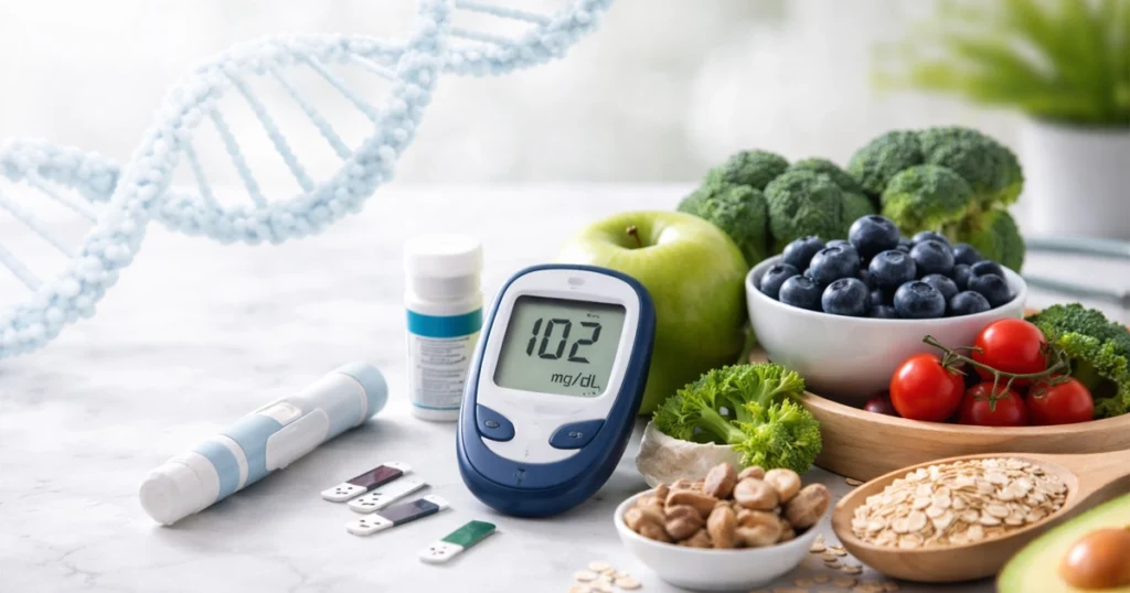 Blood glucose meter with healthy foods and DNA strand on a bright, clean surface.