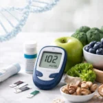 Blood glucose meter with healthy foods and DNA strand on a bright, clean surface.
