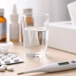 An older man with glasses blowing his nose into a tissue.