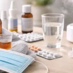 Human lung illustration with virus and airway insets.