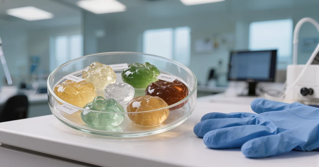 A glass petri dish in a laboratory setting containing various colored mucus samples.