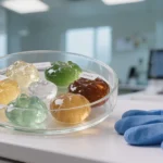 A glass petri dish in a laboratory setting containing various colored mucus samples.