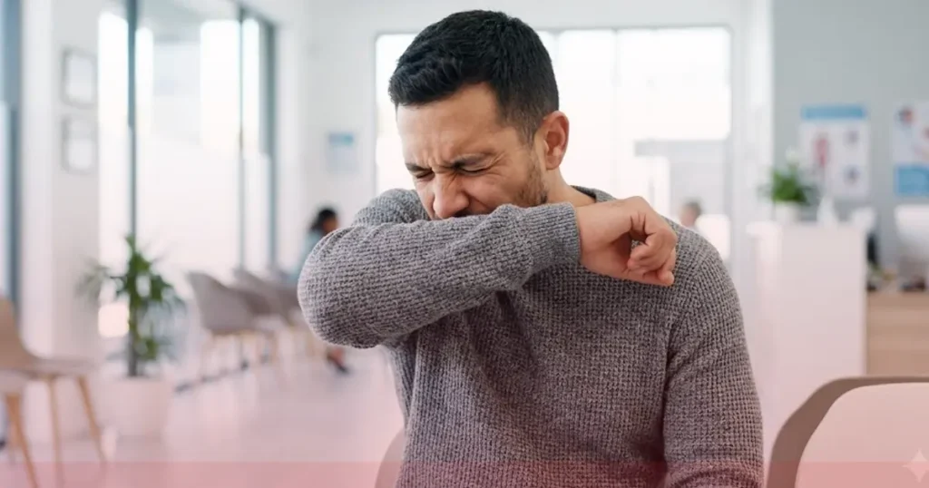 A realistic stock photo of a man in a modern living room, coughing into the crook of his elbow with a dry, irritated expression, representing a persistent dry cough.
