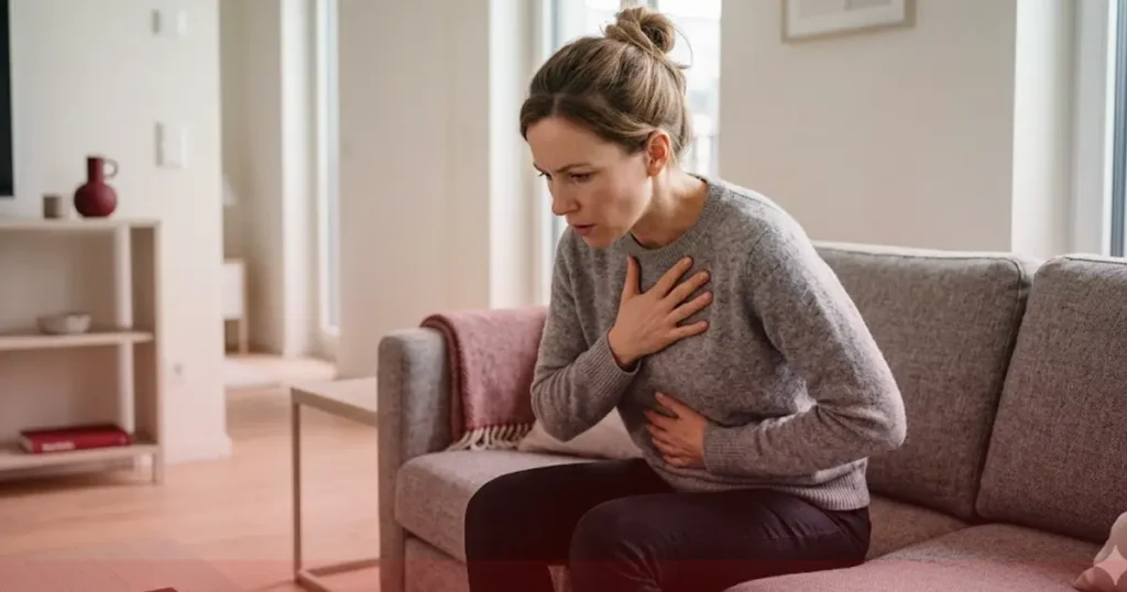 A professional stock image of a woman sitting on a sofa, leaning forward slightly and taking a deep breath while holding her chest and upper stomach, illustrating the overlap of digestive and respiratory discomfort.