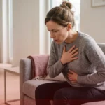 A professional stock image of a woman sitting on a sofa, leaning forward slightly and taking a deep breath while holding her chest and upper stomach, illustrating the overlap of digestive and respiratory discomfort.