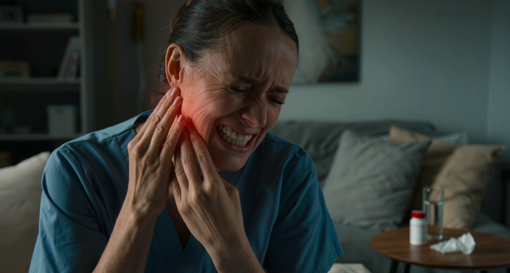 A woman in scrubs grimaces in pain while clutching her jaw and neck, with a medicine bottle on a nearby table.