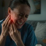 A woman in scrubs grimaces in pain while clutching her jaw and neck, with a medicine bottle on a nearby table.