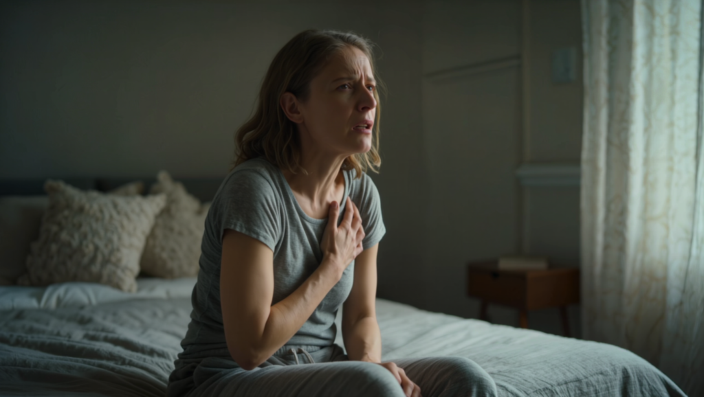 A woman sits on a bed, clutching her chest with a pained, distressed expression, appearing to have difficulty breathing.