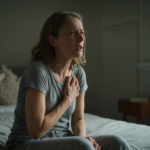 A woman sits on a bed, clutching her chest with a pained, distressed expression, appearing to have difficulty breathing.