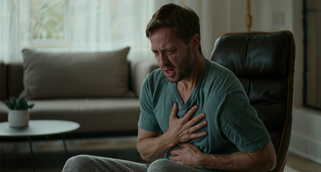 A man sitting in a chair grimaces in pain, clutching his chest and stomach with both hands in a living room setting.