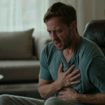 A man sitting in a chair grimaces in pain, clutching his chest and stomach with both hands in a living room setting.