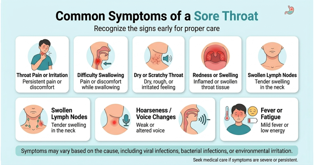 Infographic showing common symptoms of a sore throat, such as pain, swelling, and fever, with descriptive icons.