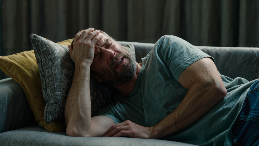 A man lies on a couch, clutching his head in pain. Some use magnesium to lower blood pressure and manage migraines.