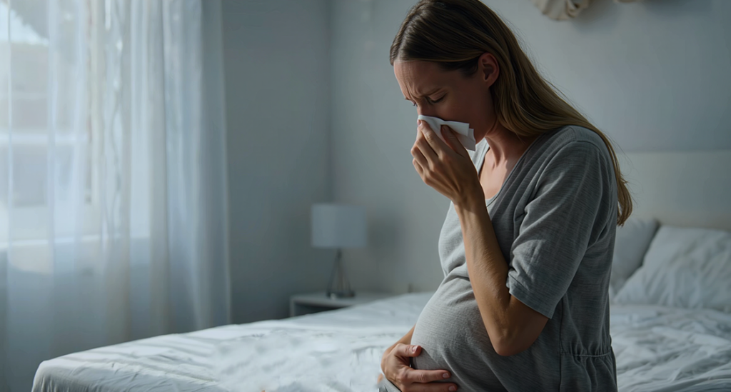 A pregnant woman sits on the edge of a bed, holding her stomach and using a tissue to blow her nose, looking unwell.