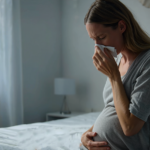A pregnant woman sits on the edge of a bed, holding her stomach and using a tissue to blow her nose, looking unwell.