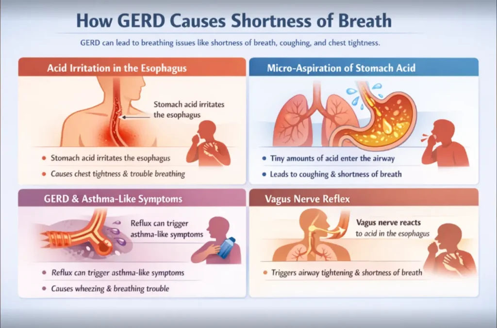 A four-panel medical infographic explaining how GERD causes breathing issues. It illustrates acid irritation in the esophagus, micro-aspiration into the airways, asthma-like triggers, and the vagus nerve reflex, each paired with anatomical diagrams and bulleted symptoms.