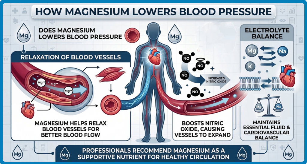 Infographic explaining how magnesium lowers blood pressure through blood vessel relaxation and electrolyte balance.