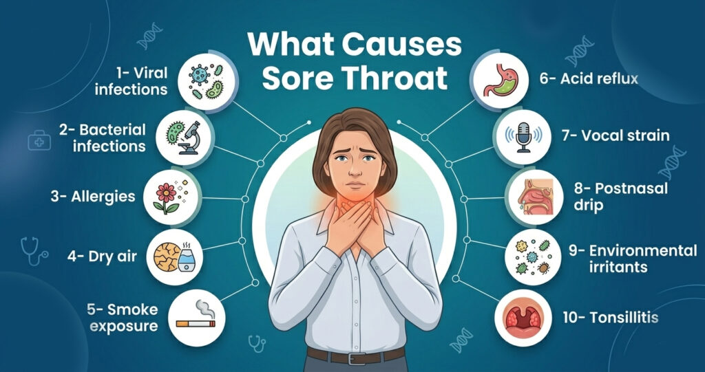 Infographic of a woman holding her throat, surrounded by ten numbered icons explaining various causes of a sore throat.