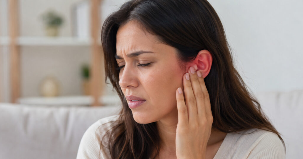 Woman holding her painful red ear with a pained expression indoors.