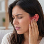 Woman holding her painful red ear with a pained expression indoors.