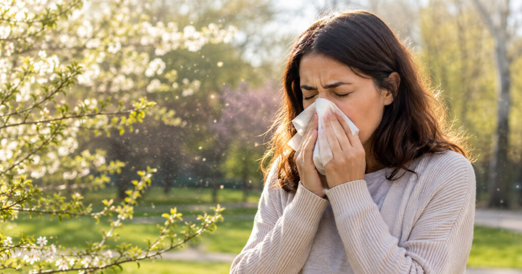 Woman sneezing into a tissue near blooming trees during pollen season