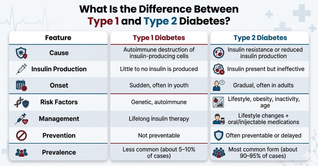 An informational chart comparing Type 1 and Type 2 diabetes based on causes, risk factors, and prevalence.