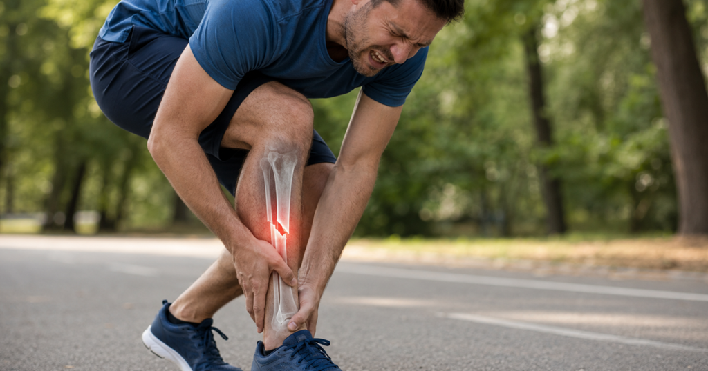 Man holding his injured shin with an X-ray-style bone fracture highlight.