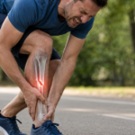 Man holding his injured shin with an X-ray-style bone fracture highlight.