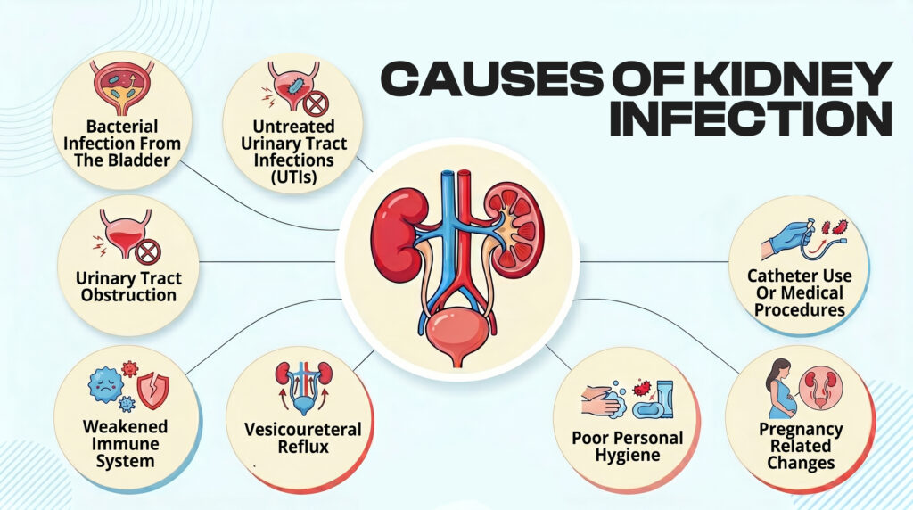 A medical infographic titled 'Causes of Kidney Infection,' displaying a central diagram of the urinary system surrounded by multiple bubbles that label and illustrate various contributing factors