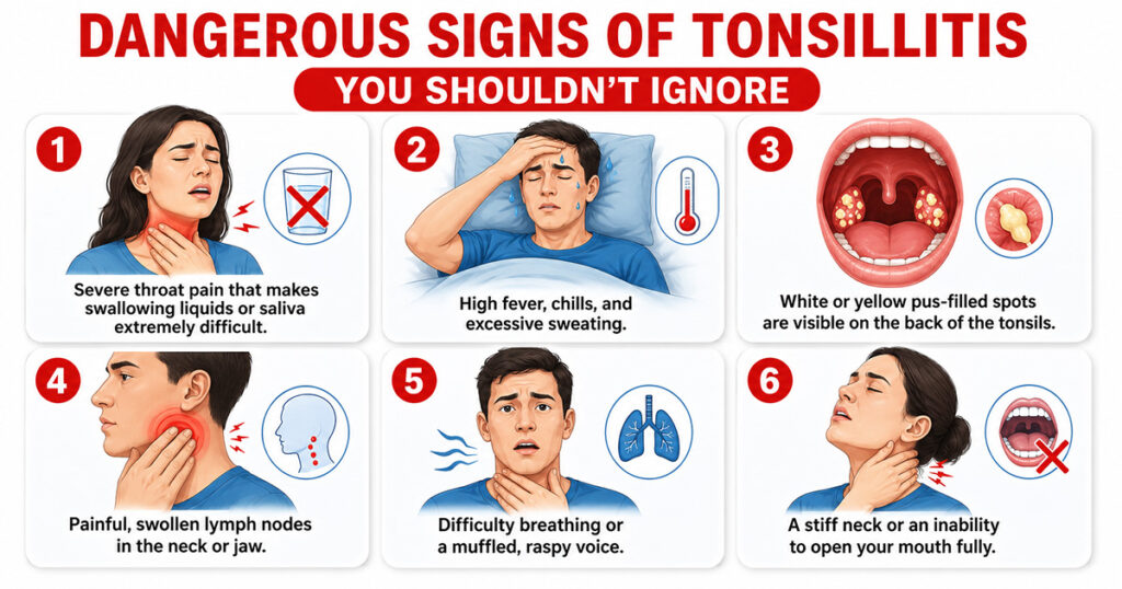Infographic showing six dangerous signs of tonsillitis, including severe throat pain, fever, pus-filled tonsils, swollen lymph nodes, breathing difficulty, and stiff neck
